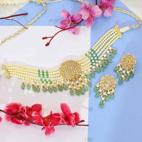 Gold Polki Choker Set  with Emerald Drops