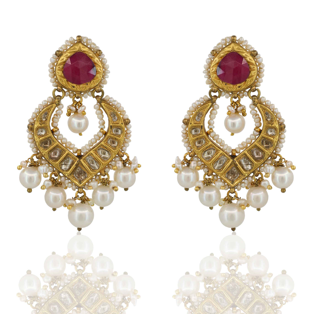 Gold Thappa Statement Ruby-Top Polki Chandbaali