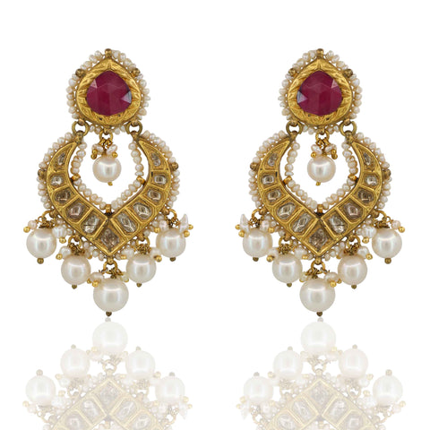 Gold Thappa Statement Ruby-Top Polki Chandbaali