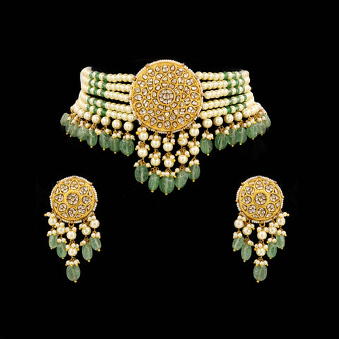 Gold Polki Choker Set  with Emerald Drops