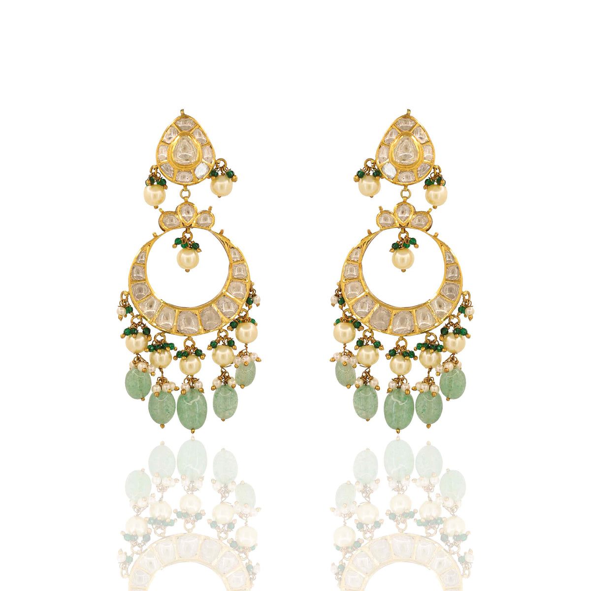 Gold Jadau Polki Crescent Earrings