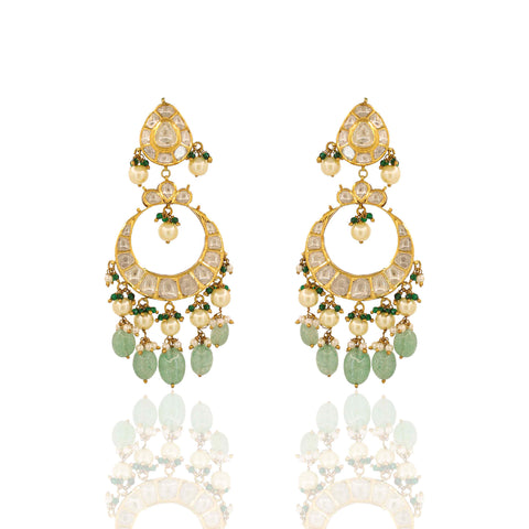 Gold Jadau Polki Crescent Earrings