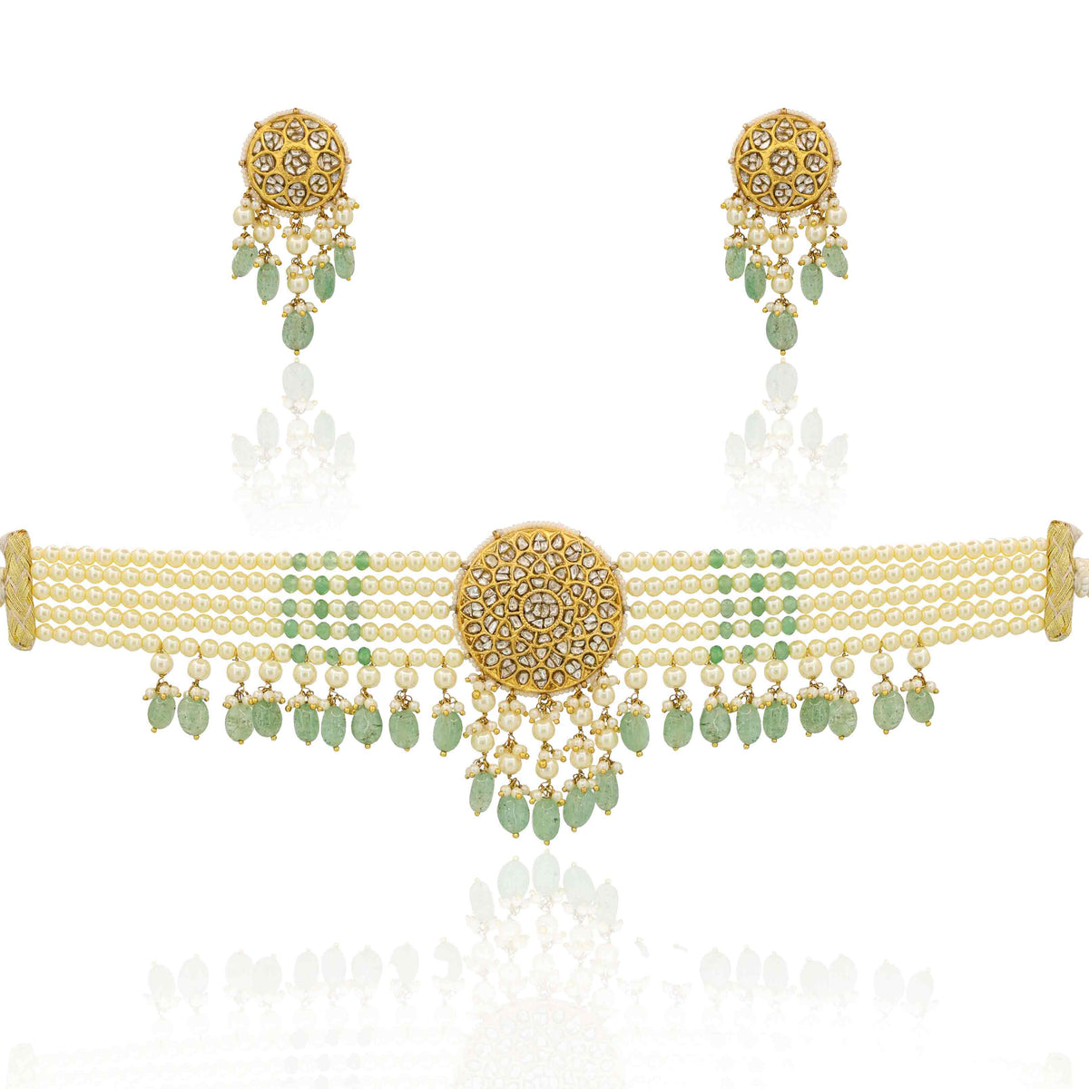 Gold Polki Choker Set  with Emerald Drops