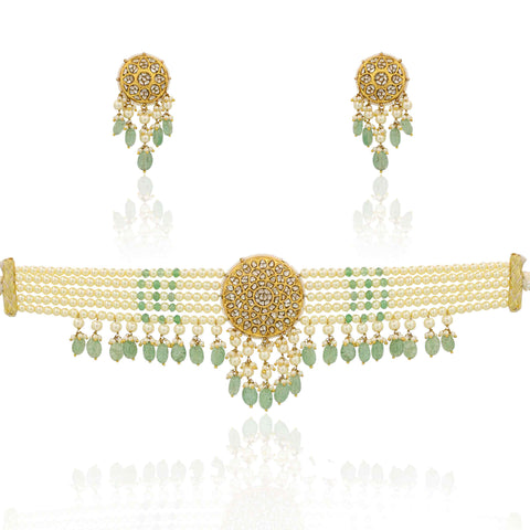 Gold Polki Choker Set  with Emerald Drops