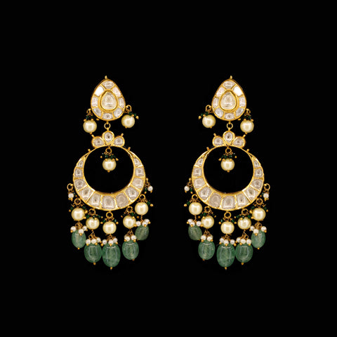 Gold Jadau Polki Crescent Earrings