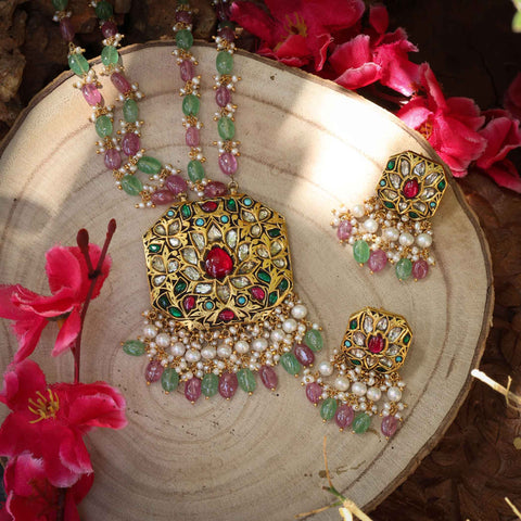 Handcrafted Polki & Multi-Gemstone Pendant Set with Emerald & Ruby Beads