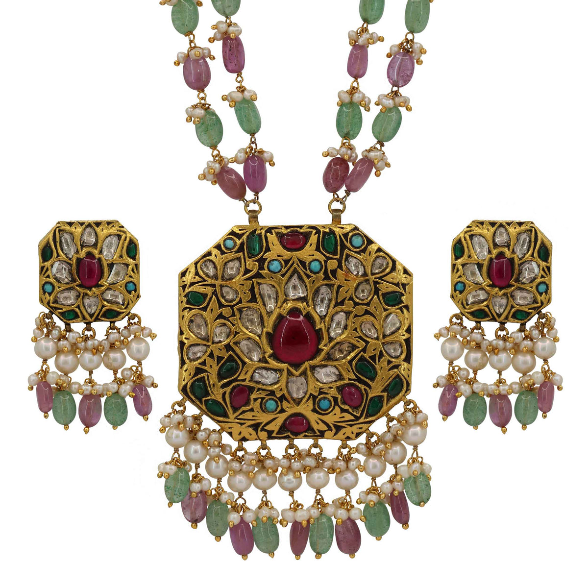 Handcrafted Polki & Multi-Gemstone Pendant Set with Emerald & Ruby Beads