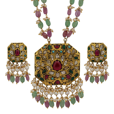 Handcrafted Polki & Multi-Gemstone Pendant Set with Emerald & Ruby Beads