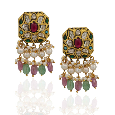 Handcrafted Polki & Multi-Gemstone Pendant Set with Emerald & Ruby Beads