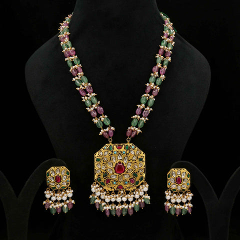 Handcrafted Polki & Multi-Gemstone Pendant Set with Emerald & Ruby Beads
