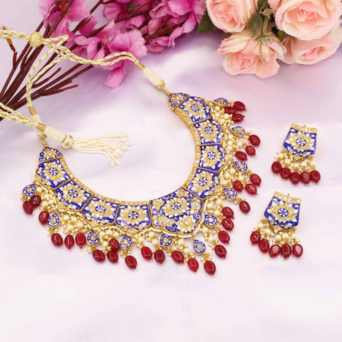Blue Enamel Polki Diamond Necklace Set