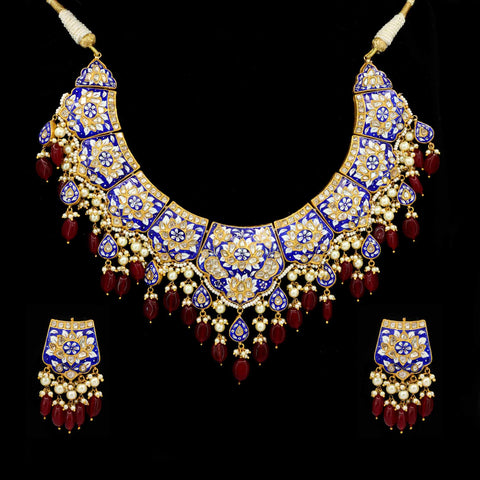 Blue Enamel Polki Diamond Necklace Set