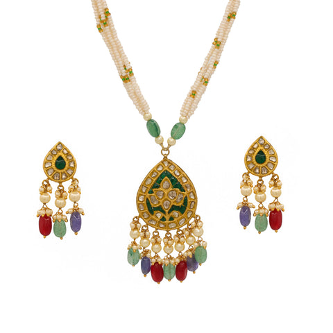 Emerald Bloom Polki Pendant Necklace Set