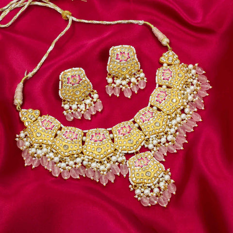 Pink Enamel Gold Necklace Set