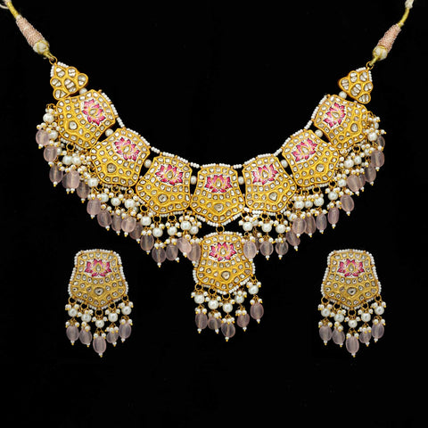 Pink Enamel Gold Necklace Set