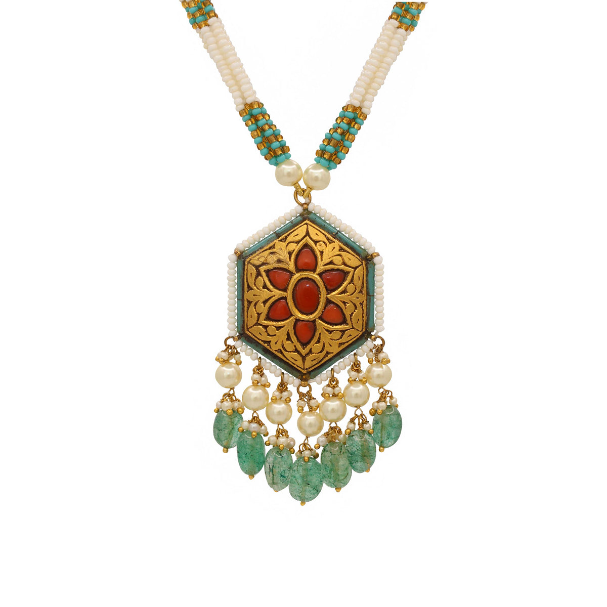 Gold & Coral Hexagonal Pendant Necklace