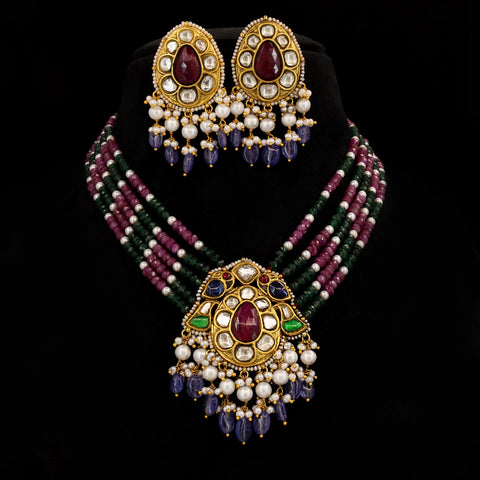 Exquisite Gold Polki Parrot Necklace with Matching Earrings