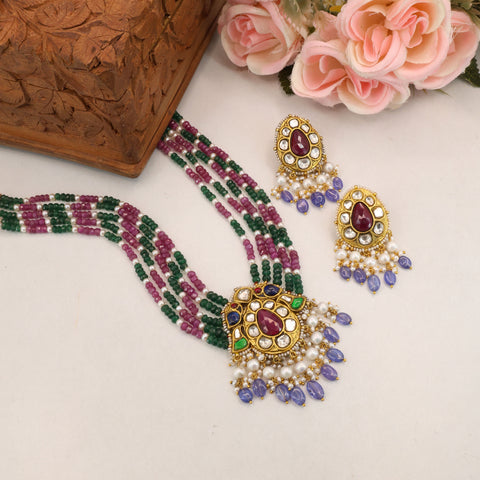 Exquisite Gold Polki Parrot Necklace with Matching Earrings
