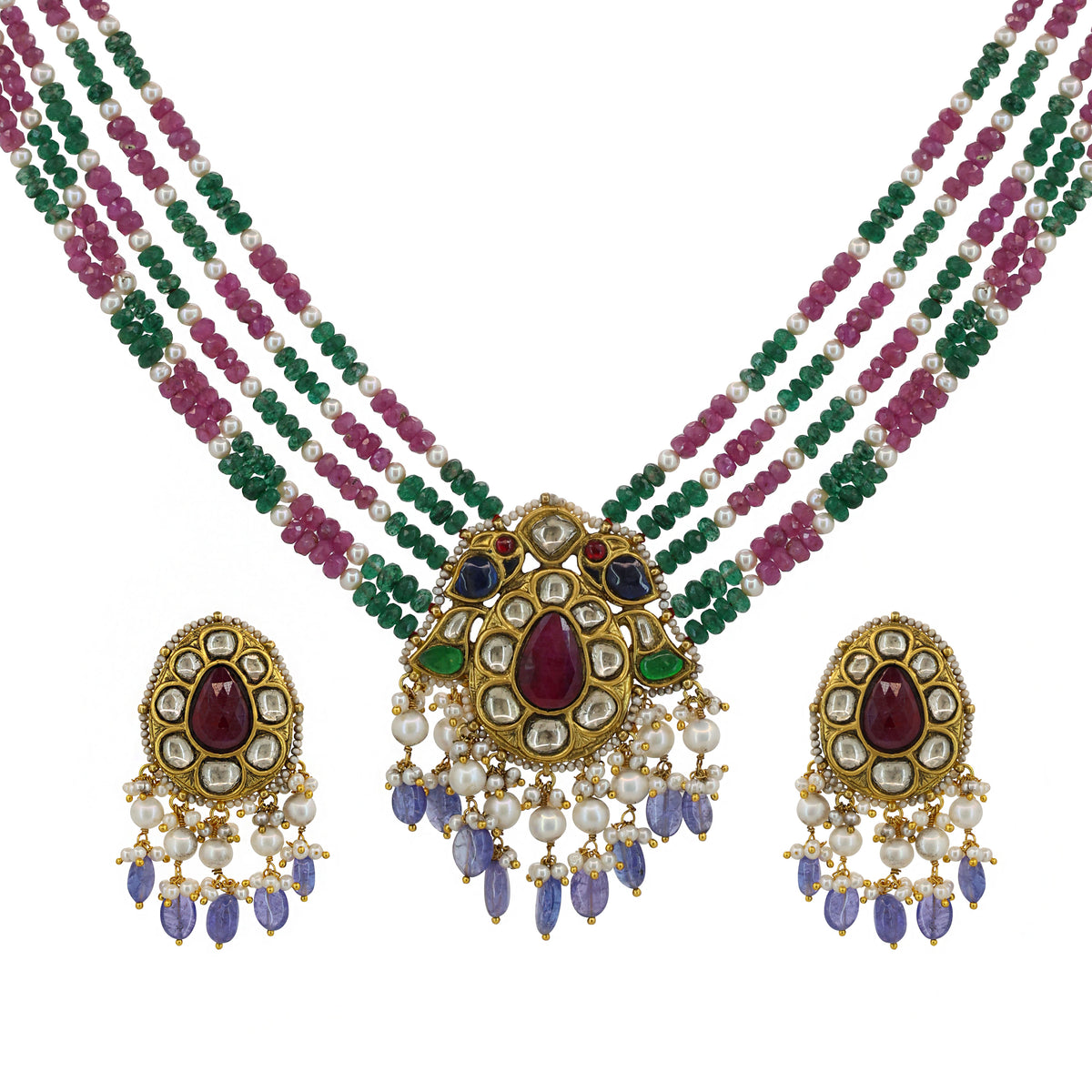 Exquisite Gold Polki Parrot Necklace with Matching Earrings