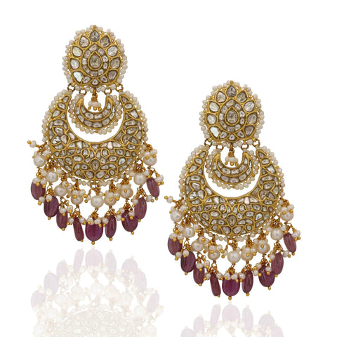 22kt Gold Chandbali Earrings with Natural Syndicate Polki, Rubies & Pearls