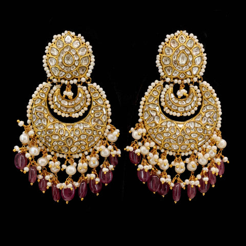 22kt Gold Chandbali Earrings with Natural Syndicate Polki, Rubies & Pearls