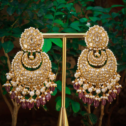 22kt Gold Chandbali Earrings with Natural Syndicate Polki, Rubies & Pearls