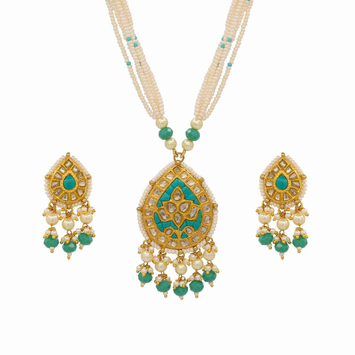 Regal Glow Gold Polki & Turquoise Pendant Set
