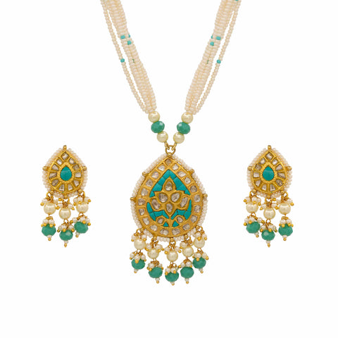 Regal Glow Gold Polki & Turquoise Pendant Set