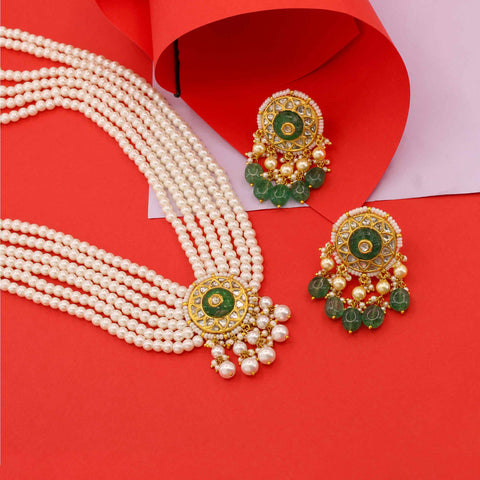 Five-Layer Pearl Necklace Set with Polki Diamond & Green Emerald