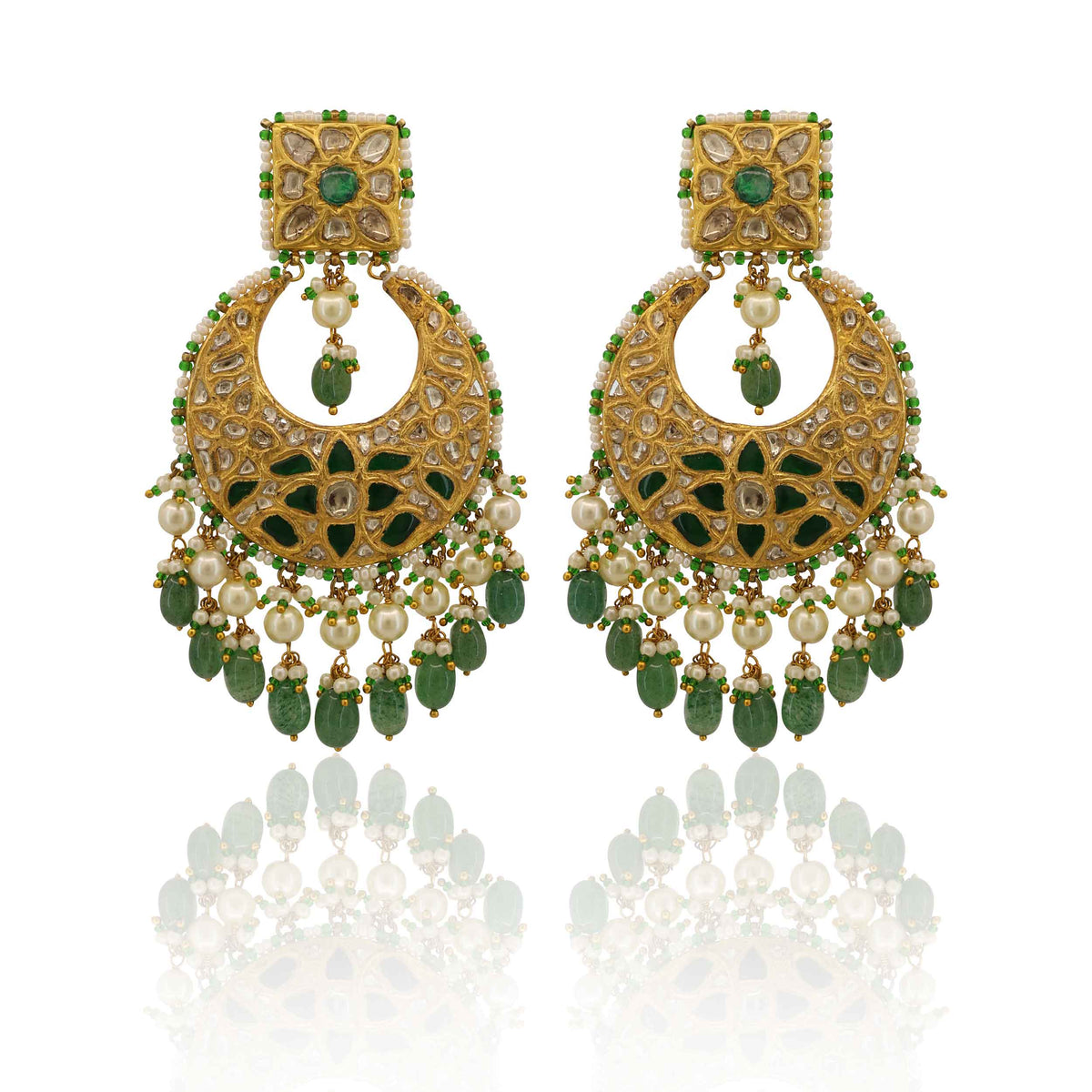 Regal Polki Diamond and Emerald Chandbali Earrings