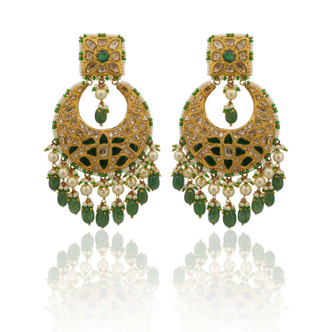 Regal Polki Diamond and Emerald Chandbali Earrings