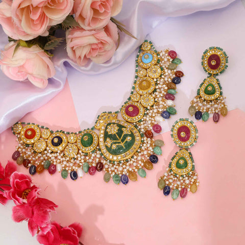 Unique Designed Gold Polki and Multi-Color Navratna Drop Necklace Set