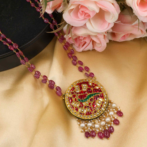 Gold Polki & Parrot Designed Pendant Necklace with Ruby and Pearl Tassels
