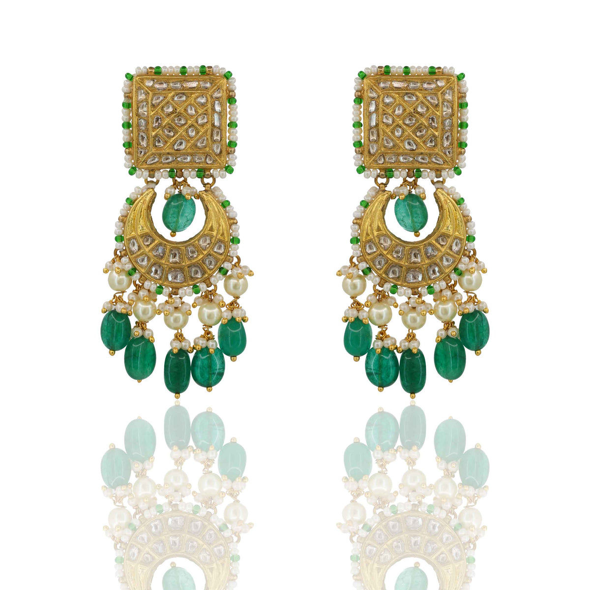 Polki Diamond Square-to-Crescent Emerald Drops Chandbali Earring