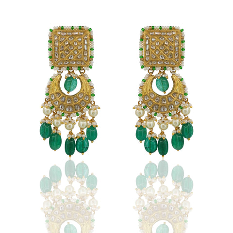 Polki Diamond Square-to-Crescent Emerald Drops Chandbali Earring