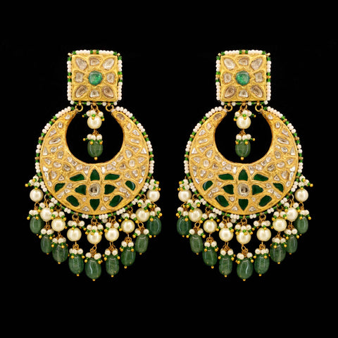 Regal Polki Diamond and Emerald Chandbali Earrings