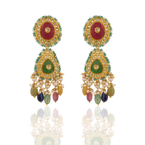 Unique Designed Gold Polki and Multi-Color Navratna Drop Necklace Set