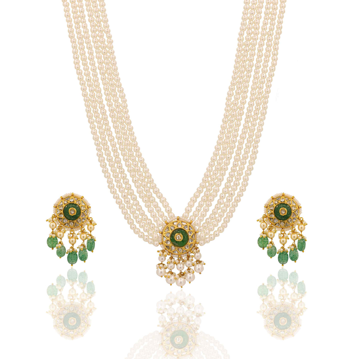 Five-Layer Pearl Necklace Set with Polki Diamond & Green Emerald