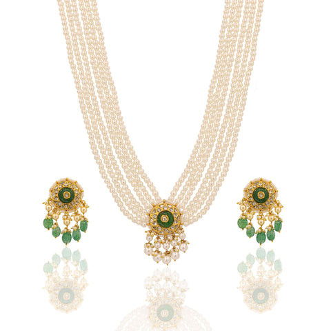 Five-Layer Pearl Necklace Set with Polki Diamond & Green Emerald