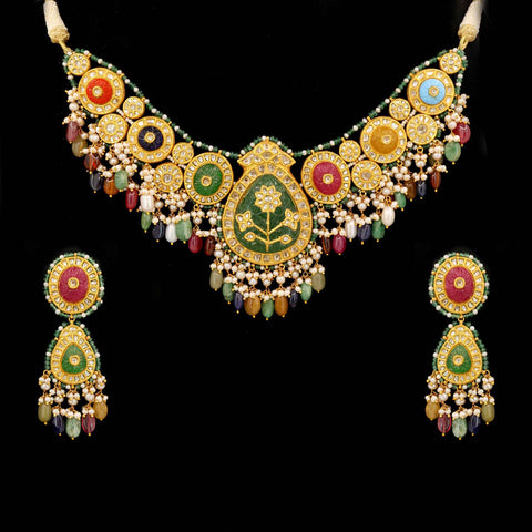 Unique Designed Gold Polki and Multi-Color Navratna Drop Necklace Set