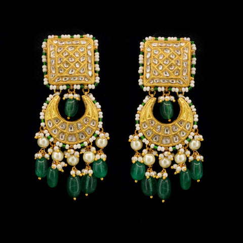 Polki Diamond Square-to-Crescent Emerald Drops Chandbali Earring