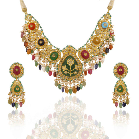 Unique Designed Gold Polki and Multi-Color Navratna Drop Necklace Set