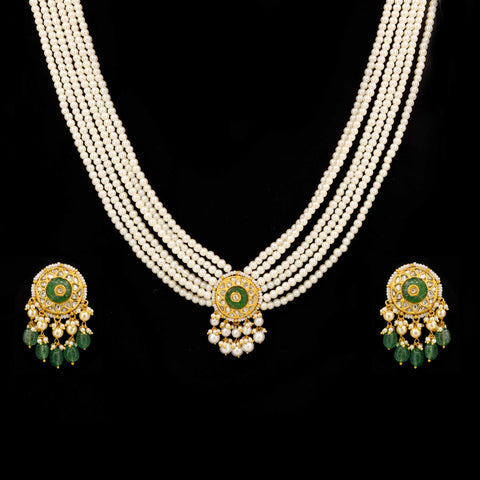 Five-Layer Pearl Necklace Set with Polki Diamond & Green Emerald
