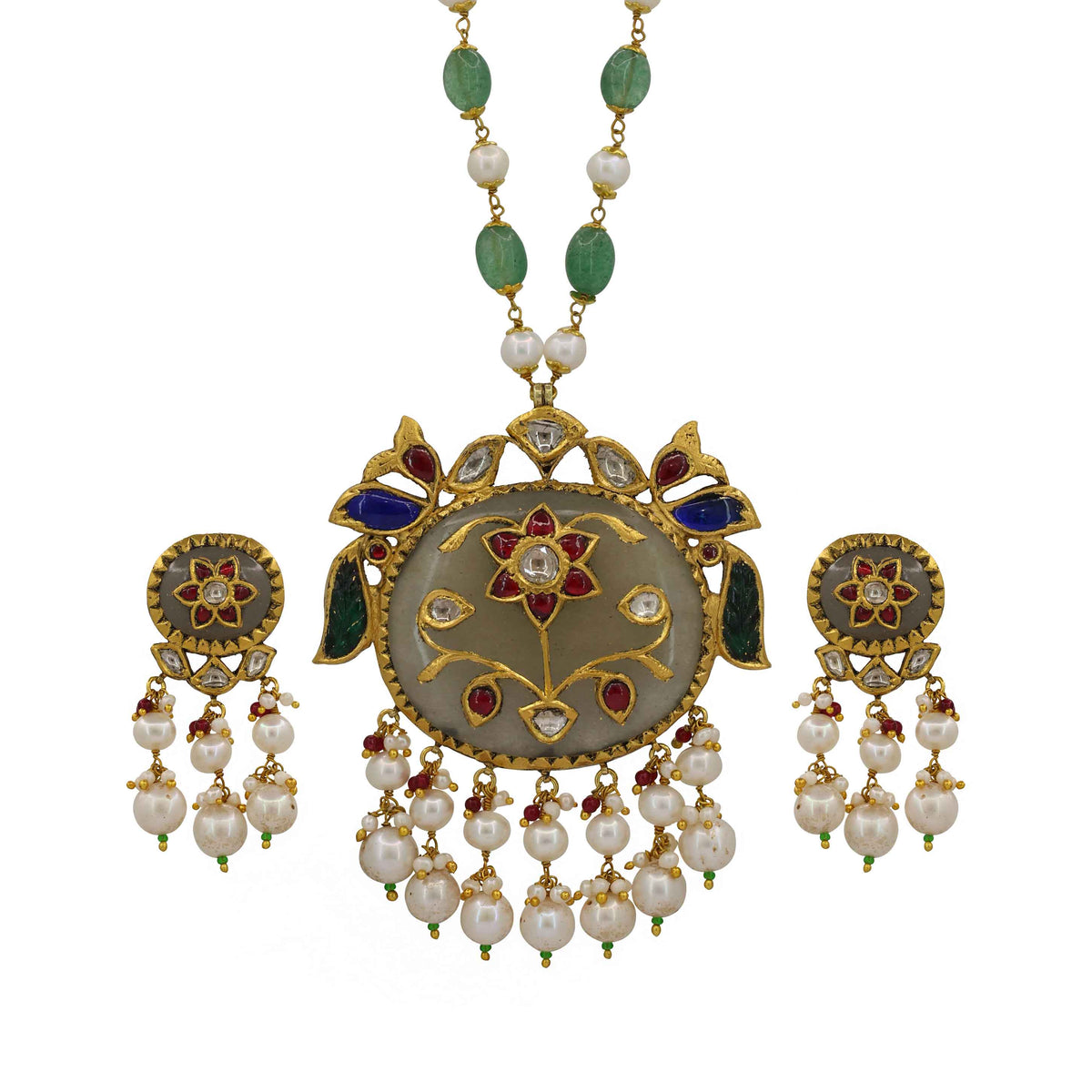 Royal Peacock 18KT Gold - Margaj Stone Carved Pendant Set