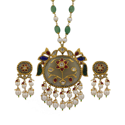 Royal Peacock 18KT Gold - Margaj Stone Carved Pendant Set