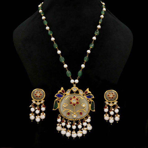 Royal Peacock 18KT Gold - Margaj Stone Carved Pendant Set