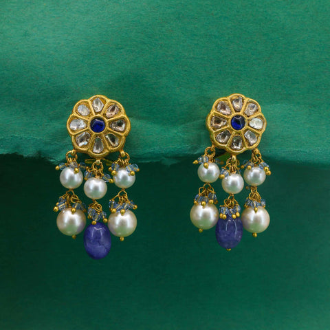 Polki Diamond and Tanzanite Drop Earrings with Pearls