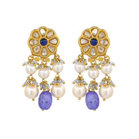 Polki Diamond and Tanzanite Drop Earrings with Pearls