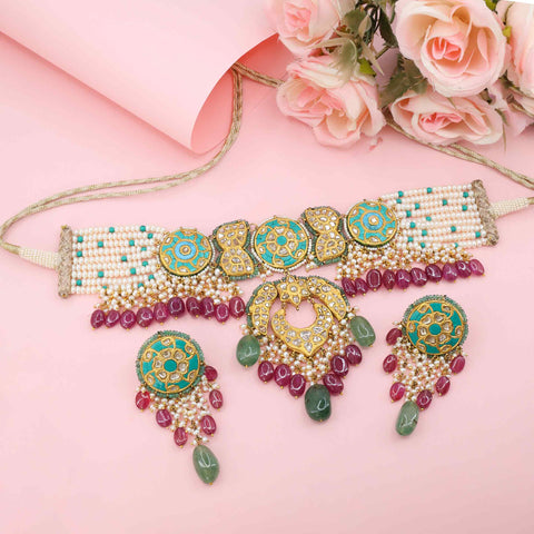 Polki Diamond Turquoise Choker Set