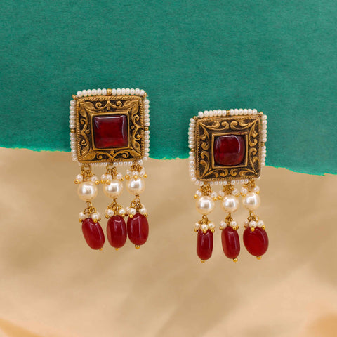Gold Studded Ruby and Pearl Earrings